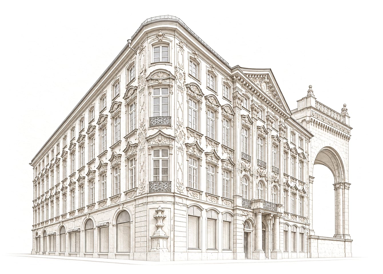 Zeichnung des Palais Preysing an der Ecke Residenzstraße und Viscardigasse, rechts ein Bogen der Feldherrnhalle. Mit KI erstellte Darstellung.